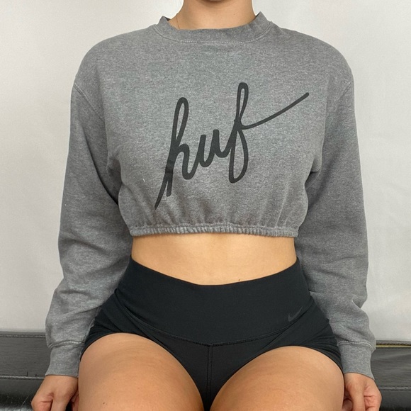 HUF Tops - HUF Cinch Crop‎ Sweatshirt Pullover Casual Gray Long Sleeve
